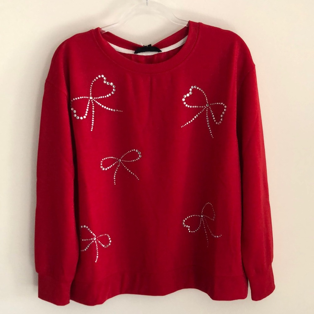 Jane & Delancey Rhinestone Coquette Bow Lightweight Knit Sweatshirt Top